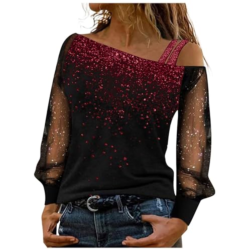 Glitzer Oberteile Damen Sexy Schulterfrei T-Shirt Bluse Pailletten Shirt Tops Tunika Spitze Langarmshirt Off Shoulder Pullover Elegant Hemdbluse Streetwear Festliches Outfit von Generisch