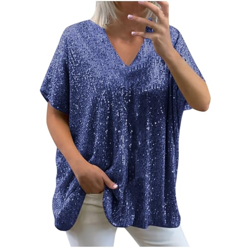 Glitzer Oberteile Damen V-Ausschnitt Y2k Party Weiß T Shirt Casual Basic Weite Glitzeroberteil Monofarbig Große Größen T-Shirt Modern Kurzarm Damenblusen XXL von Generisch