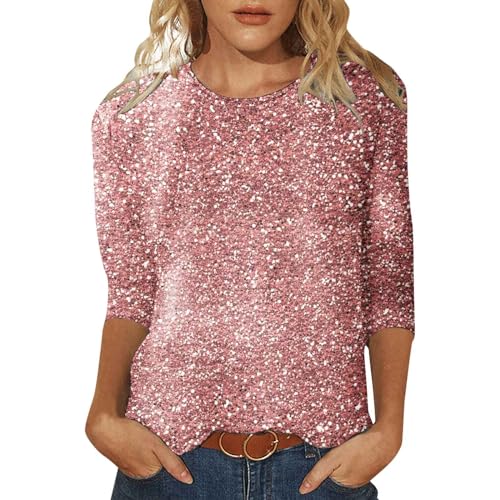 Glitzer Pullover Damen, Pailletten Oberteile Damen 3/4-Ärmel Glitzer Shirt Damen Elegant Silvester Outfit Elegant Festliche Kleidung Große Größen Glitzer Rotes Blusen Casual Langarm Tunika von Generisch