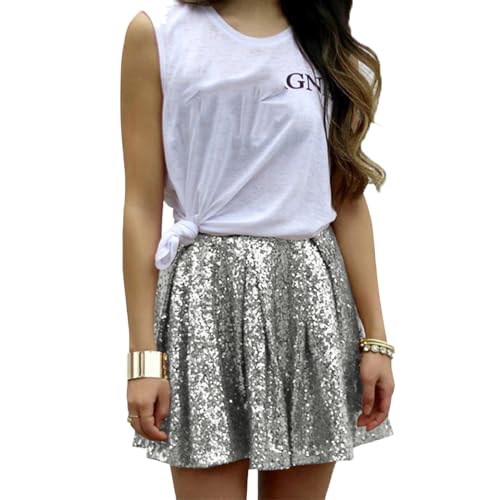 Glitzer Rock Damen Minirock Faltenrock Pailletten Rock Glänzend Sexy Glitter Tanz Party Konzert Outfits Sequin Skirt Karneval Pailettenrock Rock Gold Damen Plisseerock (#1-Silver, XXL) von Generisch