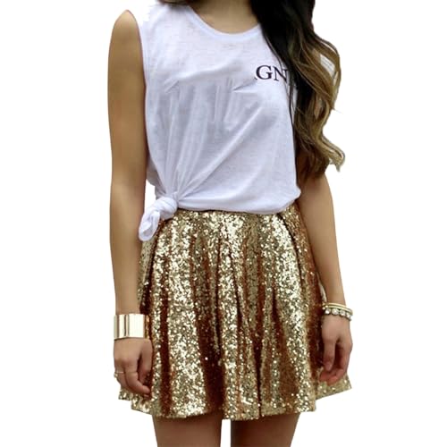 Glitzer Rock Damen Minirock Faltenrock Pailletten Rock Glänzend Sexy Glitter Tanz Party Konzert Outfits Sequin Skirt Karneval Pailettenrock Rock Gold Damen Plisseerock (#2-Gold, M) von Generisch
