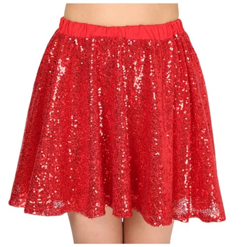 Glitzer Rock Damen Pailletten Rock Minirock Elegant Festlich Faltenrock Mini Röcke Kurz Tanz Rock Elegant A-Linie Shiny Hohe Taille Sequin Skirt for Women Sparkly Rock Karneval Party #C02 Rot S von Generisch