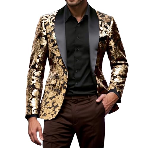 Glitzer Sakko Herren Goldene Hochzeit Party Pailletten Blazer Slim Fit Männer Anzug EIN Knopf Smoking Jackett Glänzende Anzugjacke Mediterrane Mode Glitzer Sakko Herren Goldene Hochzeit Party Pailletten Blazer Slim Fit Männer Anzug EIN Knopf Smoking Jackett Glänzende Anzugjacke Mediterrane Mode von Generisch