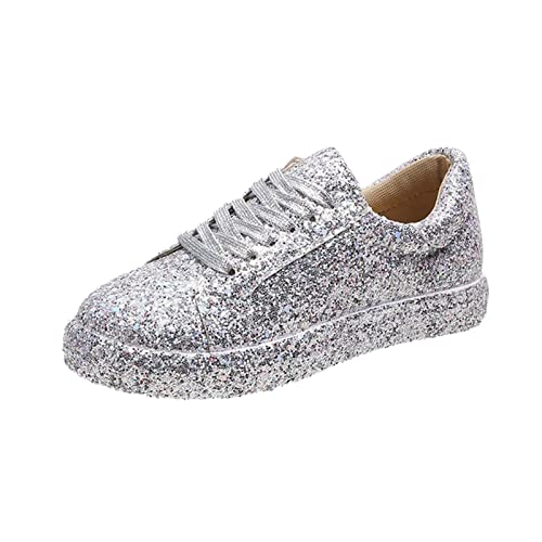 Glitzer Schuhe Damen,Schnürschuhe Flach Silber Schwarz Pailletten Schuhe Plateau Sneaker Weiss Leder Outdoor Sportschuhe Halbschuhe Atmungsaktive Laufschuhe Leicht Schnürschuhe Turnschuhe Sport von Generisch