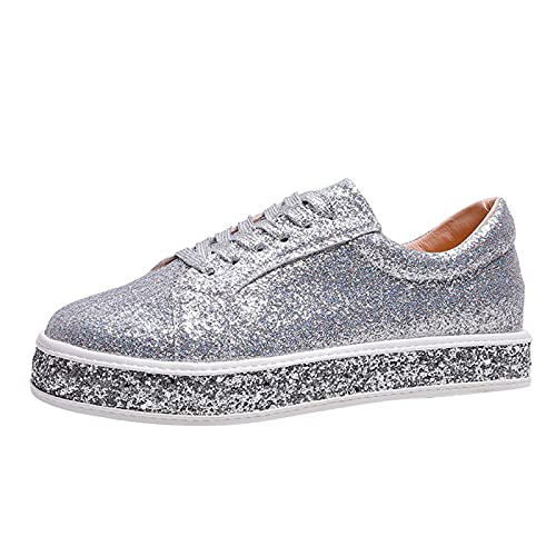 Glitzer Schuhe Damen,Schnürschuhe Flach Silber Schwarz Pailletten Schuhe Plateau Sneaker Weiss Leder Outdoor Sportschuhe Halbschuhe Atmungsaktive Laufschuhe Leicht Schnürschuhe Turnschuhe Sport von Generisch