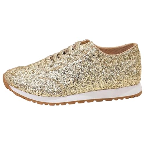 Glitzer-Schuhe Damen Weiß Gold | Pailletten Sneaker Damen Schnürer Sportschuhe Modische Flache Schuhe Outdoor Schnürschuhe Halbschuhe rutschfeste Sportschuhe Running Leicht Straßenlaufschuhe von Generisch