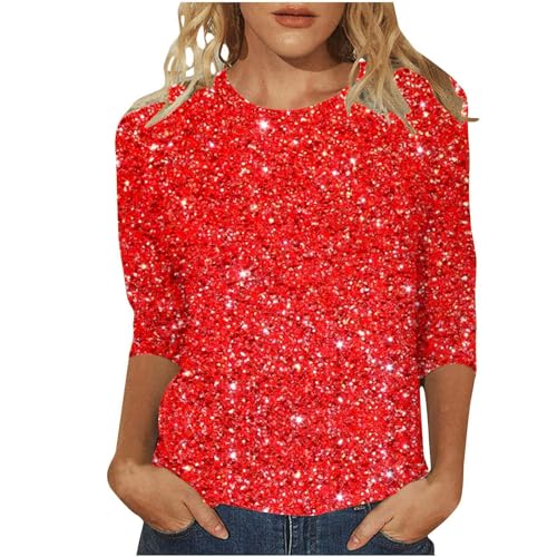 Glitzer Shirt Damen Grande, Pailletten Oberteile 3/4-Ärmel Elegantes Silvester Outfit, Festliche Kleidung, Große Größen, Rote Glitzer Tunika Damen von Generisch
