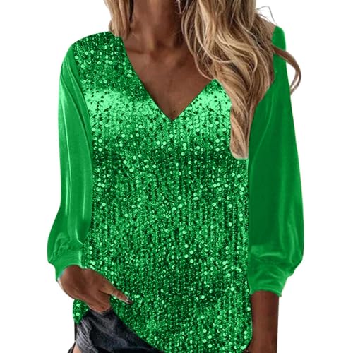 Glitzer Shirt Damen, Pailletten Tshirt Damen Elegant Party Oberteil Sommer Aufdruck Faschingskostüme Karnevalskostüme Glitzeroberteil Angebote des Tages Heute Fluoreszierendes Grün XXL von Generisch