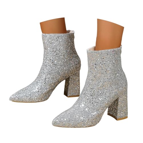 Glitzer Stiefeletten Damen Festlich Kurzestiefel Reißverschluss Ankle Boots Deko Blockabsatz Bootsschuhe Stiefel Frauen Karneval Party Damenschuhe Halbhoch Damenboots Schuhe von Generisch