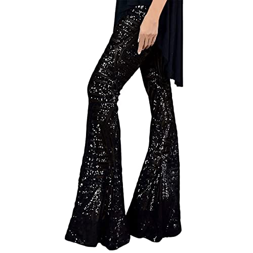 Glitzer Strumpfhose Damen Festival Pailletten High Waist Bootcut Hose Mit Mode Glänzend Hight Taille Discotanz Lang Hosen Party Strassenmode Weites Bein Elastisch Elegant Outdoorhose (Black, L) von Generisch