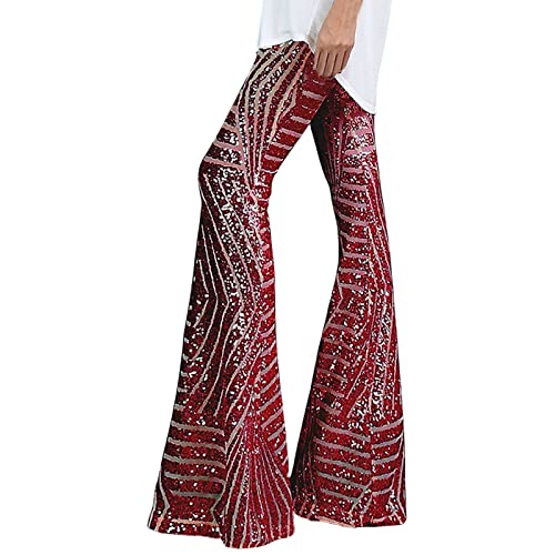 Glitzer Strumpfhose Damen Festival Pailletten High Waist Bootcut Hose Mit Mode Glänzend Hight Taille Discotanz Lang Hosen Party Strassenmode Weites Bein Elastisch Elegant Outdoorhose (Red, XL) von Generisch