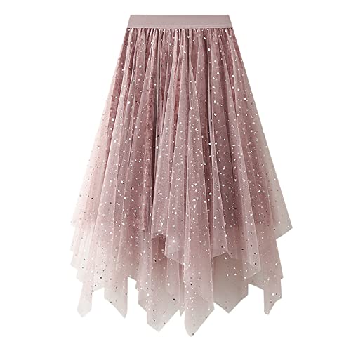 Glitzer Tüllrock Damen Tüll Röcke High Low Layered Puffy Fee Röcke A-Linie Midi Rock Unregelmäßiger Tutu Rock High Waisted Party Faltenkleid Fasching Karneval Kostüm von Generisch