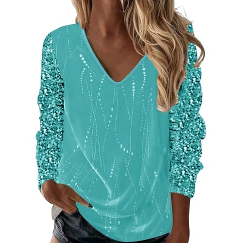Glitzer Tunika Damen Pailletten Oberteil Elegant Langarm Bluse Mode Oberteile Arbeiten Langarmshirts V-Ausschnitt Oversized Top Party Cocktail Festliche Shirt Blusen von Generisch