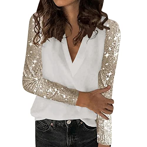 Glitzer Tunika Oberteil Damen Pailletten Oberteil Elegant Langarm Bluse Mode Pailletten Oberteile Arbeiten Langarmshirts V-Ausschnitt Oversized Top Party Cocktail Tops Festliche Shirt Blusen von Generisch