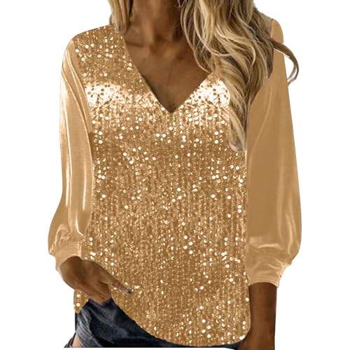 Glitzer Tunika Oberteil Damen Pailletten Oberteil Elegant Langarm Bluse Mode Pailletten Oberteile Arbeiten Langarmshirts V-Ausschnitt Oversized Top Party Cocktail Tops Festliche Shirt Blusen von Generisch