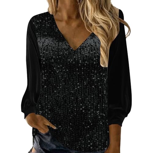 Glitzer Tunika Oberteil Damen Pailletten Oberteil Elegant Langarm Bluse Mode Pailletten Oberteile Arbeiten Langarmshirts V-Ausschnitt Oversized Top Party Cocktail Tops Festliche Shirt Blusen von Generisch