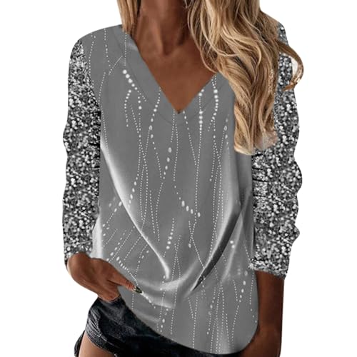 Glitzer Tunika Oberteil Damen Pailletten Oberteil Elegant Langarm Bluse Mode Pailletten Oberteile Arbeiten Langarmshirts V-Ausschnitt Oversized Top Party Cocktail Tops Festliche Shirt Blusen von Generisch