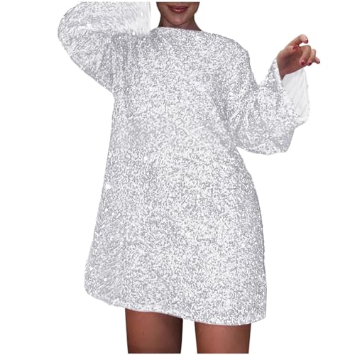 Glitzerkleid Damen,Pailettenkleider für Damen Langarm Paillettenkleid mit Krawatte Elegante Glitzer Kleid Kurze Partykleid Abendkleid mit Schleife Moden Festkleid Cocktailkleid Silvester Kleid Frauen von Generisch