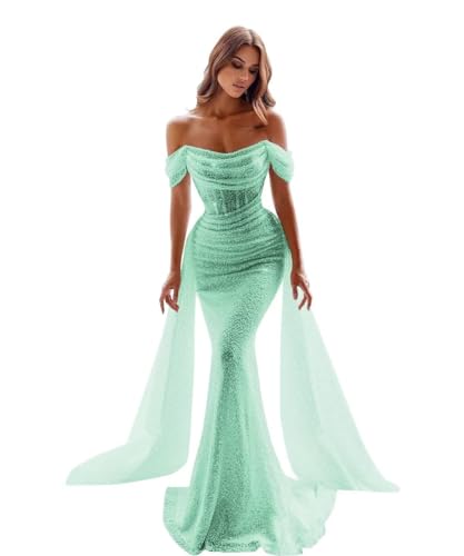 Glitzernde Meerjungfrau Ballkleider FüR Frauen Pailletten Schulterfrei Abnehmbare Schleppe Formelle Abendkleider Langes Nachlaufendes Ballkleid Mint Green XS von Generisch