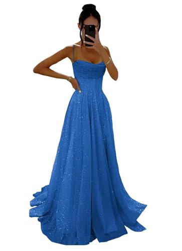Glitzernde Pailletten Tüllkleider Damen Spaghettiträger Formelle Abendkleider Lange A Linie Partykleider Blue XS von Generisch