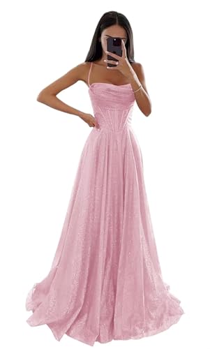 Glitzernde Pailletten Tüllkleider Damen Spaghettiträger Formelle Abendkleider Lange A Linie Partykleider Blush Pink XXS von Generisch