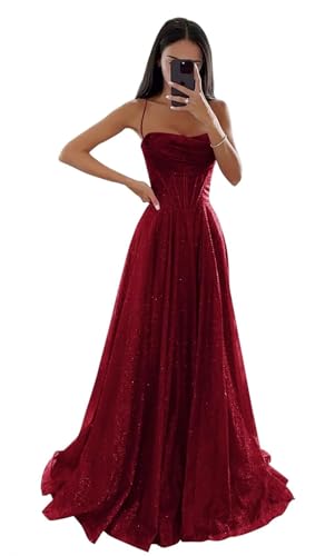 Glitzernde Pailletten Tüllkleider Damen Spaghettiträger Formelle Abendkleider Lange A Linie Partykleider Burgundy XXL von Generisch