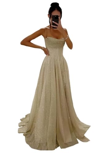 Glitzernde Pailletten Tüllkleider Damen Spaghettiträger Formelle Abendkleider Lange A Linie Partykleider Champagne XXL von Generisch