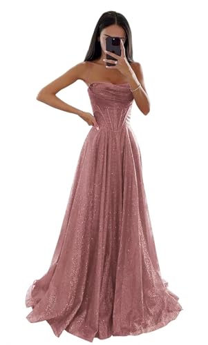 Glitzernde Pailletten Tüllkleider Damen Spaghettiträger Formelle Abendkleider Lange A Linie Partykleider Dusty Rose XS von Generisch