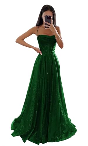 Glitzernde Pailletten Tüllkleider Damen Spaghettiträger Formelle Abendkleider Lange A Linie Partykleider Emerald Green XXS von Generisch