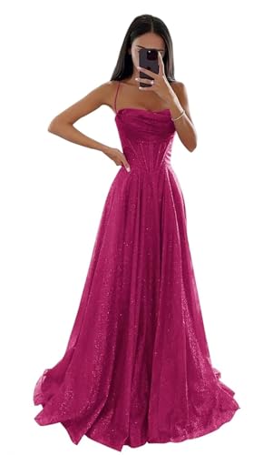 Glitzernde Pailletten Tüllkleider Damen Spaghettiträger Formelle Abendkleider Lange A Linie Partykleider Fuchsia XS von Generisch