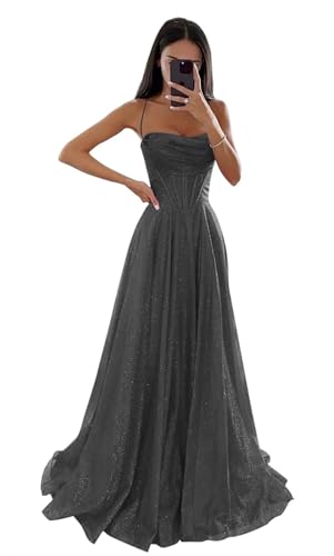 Glitzernde Pailletten Tüllkleider Damen Spaghettiträger Formelle Abendkleider Lange A Linie Partykleider Grey XXL von Generisch
