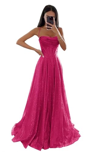 Glitzernde Pailletten Tüllkleider Damen Spaghettiträger Formelle Abendkleider Lange A Linie Partykleider Hot Pink S von Generisch