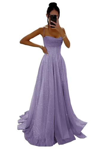 Glitzernde Pailletten Tüllkleider Damen Spaghettiträger Formelle Abendkleider Lange A Linie Partykleider Lavender L von Generisch