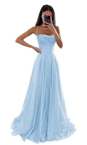 Glitzernde Pailletten Tüllkleider Damen Spaghettiträger Formelle Abendkleider Lange A Linie Partykleider Light Blue L von Generisch