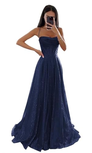 Glitzernde Pailletten Tüllkleider Damen Spaghettiträger Formelle Abendkleider Lange A Linie Partykleider Navy Blue XXL von Generisch