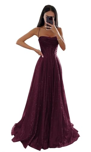 Glitzernde Pailletten Tüllkleider Damen Spaghettiträger Formelle Abendkleider Lange A Linie Partykleider Plum XL von Generisch