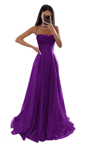 Glitzernde Pailletten Tüllkleider Damen Spaghettiträger Formelle Abendkleider Lange A Linie Partykleider Purple XS von Generisch