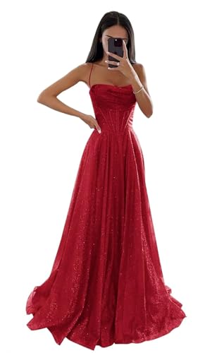 Glitzernde Pailletten Tüllkleider Damen Spaghettiträger Formelle Abendkleider Lange A Linie Partykleider Red L von Generisch