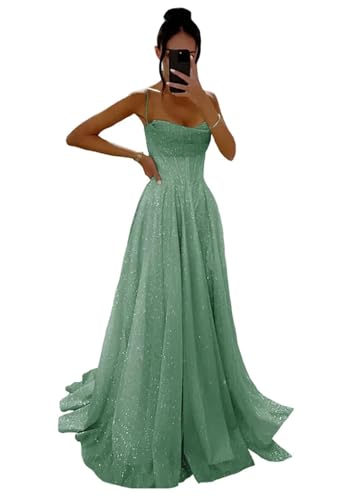Glitzernde Pailletten Tüllkleider Damen Spaghettiträger Formelle Abendkleider Lange A Linie Partykleider Sage Green XS von Generisch