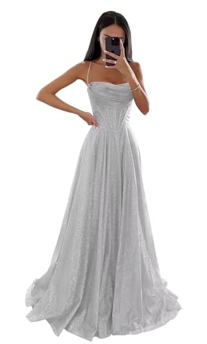 Glitzernde Pailletten Tüllkleider Damen Spaghettiträger Formelle Abendkleider Lange A Linie Partykleider Silver M von Generisch