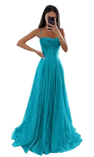 Glitzernde Pailletten Tüllkleider Damen Spaghettiträger Formelle Abendkleider Lange A Linie Partykleider Turquoise XXS von Generisch