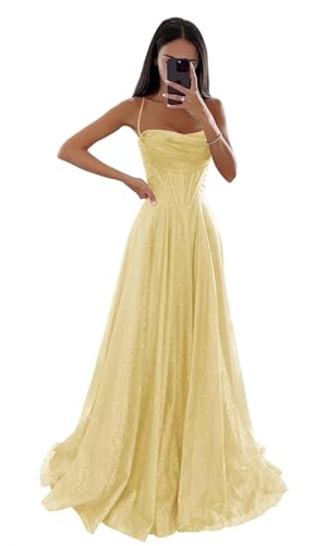 Glitzernde Pailletten Tüllkleider Damen Spaghettiträger Formelle Abendkleider Lange A Linie Partykleider Yellow 5XL Glitzernde Pailletten Tüllkleider Damen Spaghettiträger Formelle Abendkleider Lange A Linie Partykleider Yellow 5XL von Generisch