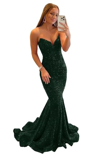 Glitzernde Pailletten V Ausschnitt Meerjungfrau Abschlussballkleider Lange trägerlose Formale Abendkleider Frauen Partykleider Black Green XS von Generisch
