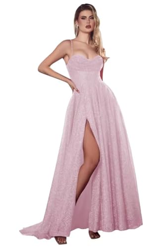 Glitzernde Tüll-Ballkleider für Frauen 2024 Spaghettiträger A-Linie Wasserfallausschnitt Langes formelles Abendkleid mit Schlitz Light Pink 32 von Generisch