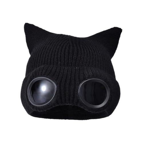 Goggle Beanie Warme Mütze mit Windmaske | Mütze mit Strickbrille | Wintermütze mit Totenkopf mit Katzenohren | Mütze mit Fleecefutter Spe, Schwarz , riferimento alla descrizione von Generisch