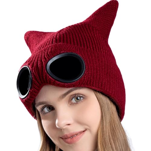 Goggle Beanie Warme Mütze mit Windmaske | Mütze mit Strickbrille | Wintermütze mit Totenkopf mit Katzenohren | Mütze mit Fleecefutter Spe, Weinrot, riferimento alla descrizione von Generisch