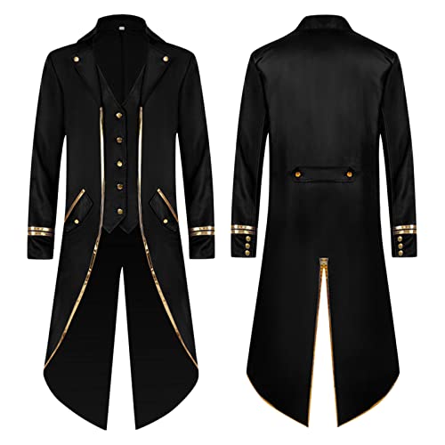 Gothic Frack Herren, Steampunk Renaissance Mittelalter Vintage Mantel Casual Gehrock Kostüm für Halloween Viktorianische Mittelalter Jacke Halloween Kostüm Smoking Cosplay Warlock Tops, Schwarz , XXL von Generisch