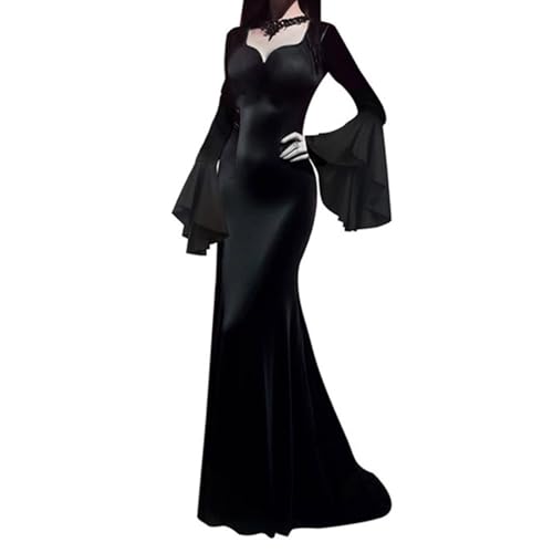Gothic Kleidung Damen, Gothic Kleid Damen Lang Schwarz Bodycon Kleider mit Trompetenärmel Hohe Taille Slim Fit Vintage Abendkleid Halloween Kostüm Damen Hexe Karneval Cosplay Partykleid Maxikleid von Generisch