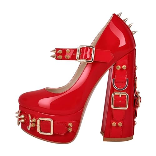 Gothic Mary Jane Pumps Chunky High Heels Ösen Nieten Schnalle Gürtel Pumps, rot, 34 EU Gothic Mary Jane Pumps Chunky High Heels Ösen Nieten Schnalle Gürtel Pumps, rot, 34 EU von Generisch