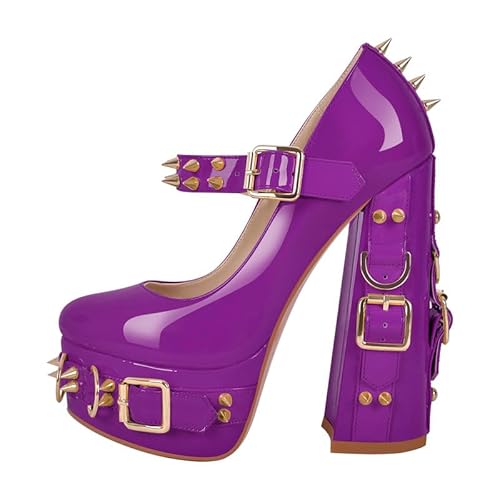 Gothic Mary Jane Pumps Chunky High Heels Ösen Nieten Schnalle Gürtel Pumps, violett, 36 EU Gothic Mary Jane Pumps Chunky High Heels Ösen Nieten Schnalle Gürtel Pumps, violett, 36 EU von Generisch